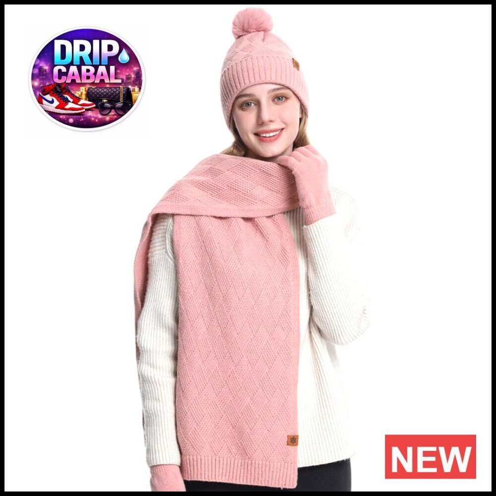 Fleece-Lined Knit Beanie Scarf Gloves Set Touchscreen Compatible Winter